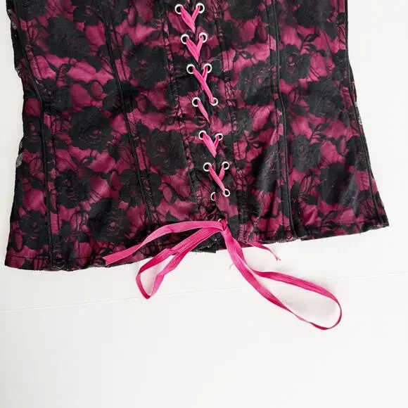 [Tripp NYC] Black Pink Y2K Floral Print Lace Hook & Eye Corset Top Size Large L - Picture 8 of 12